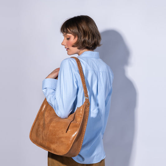 Mia Crescent Large Hobo In Buffed Leather - Whiskey