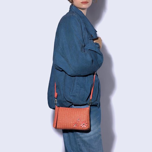 Darcy Crossbody In Woven Straw - Wild Rose Woven Straw