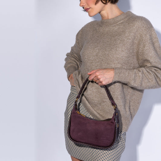 Mia Crescent Small Hobo In Suede Leather - Dark Cherry
