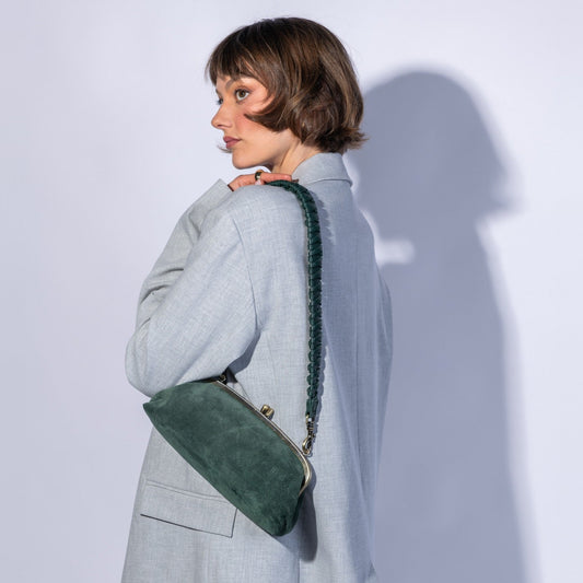 Alba Frame Small Shoulder in Suede Leather - Pine Needle