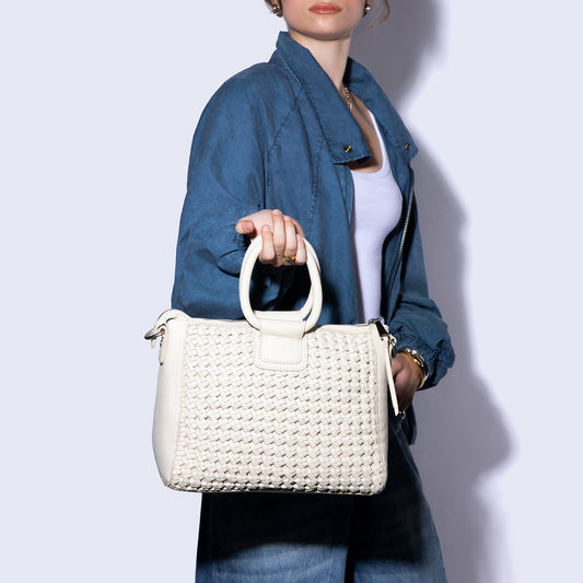 Sheila Medium Satchel in Woven Leather - Whitecap