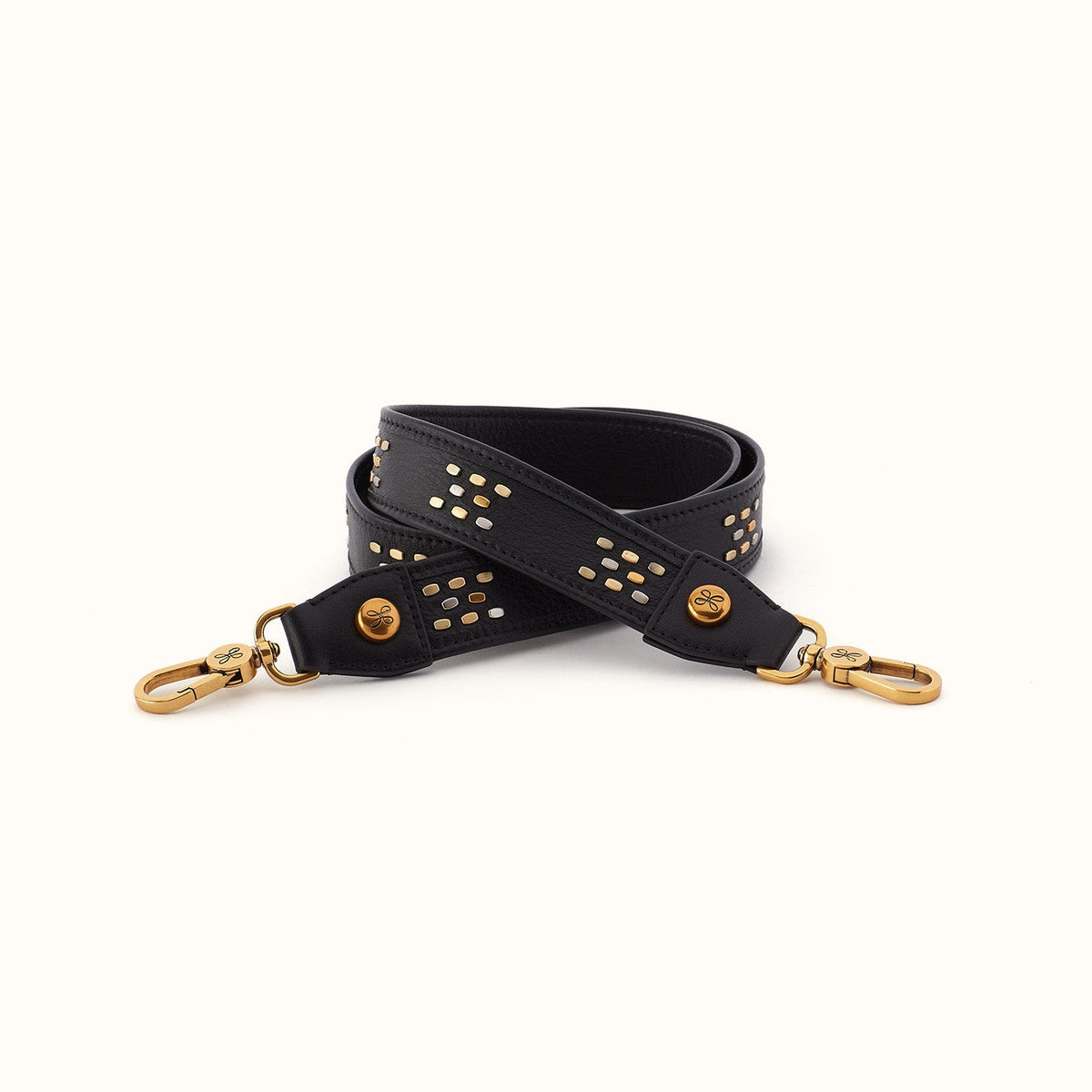 Flat Stud Guitar Strap In Polished Leather - Black- FOL