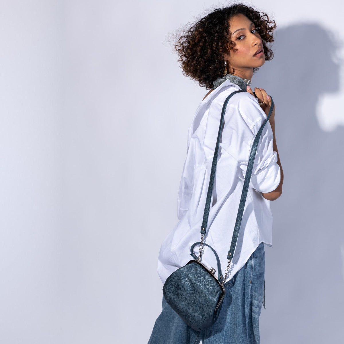 Alba Frame Crossbody In Metallic Leather - Blue Mercury