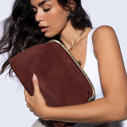 Alba Frame Large Shoulder in Suede Leather - Chocolate