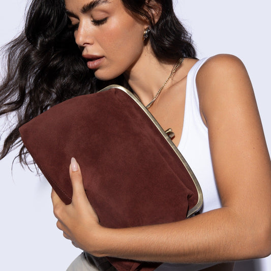 Alba Frame Large Shoulder in Suede Leather - Chocolate