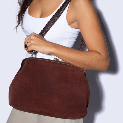 Alba Frame Large Shoulder in Suede Leather - Chocolate
