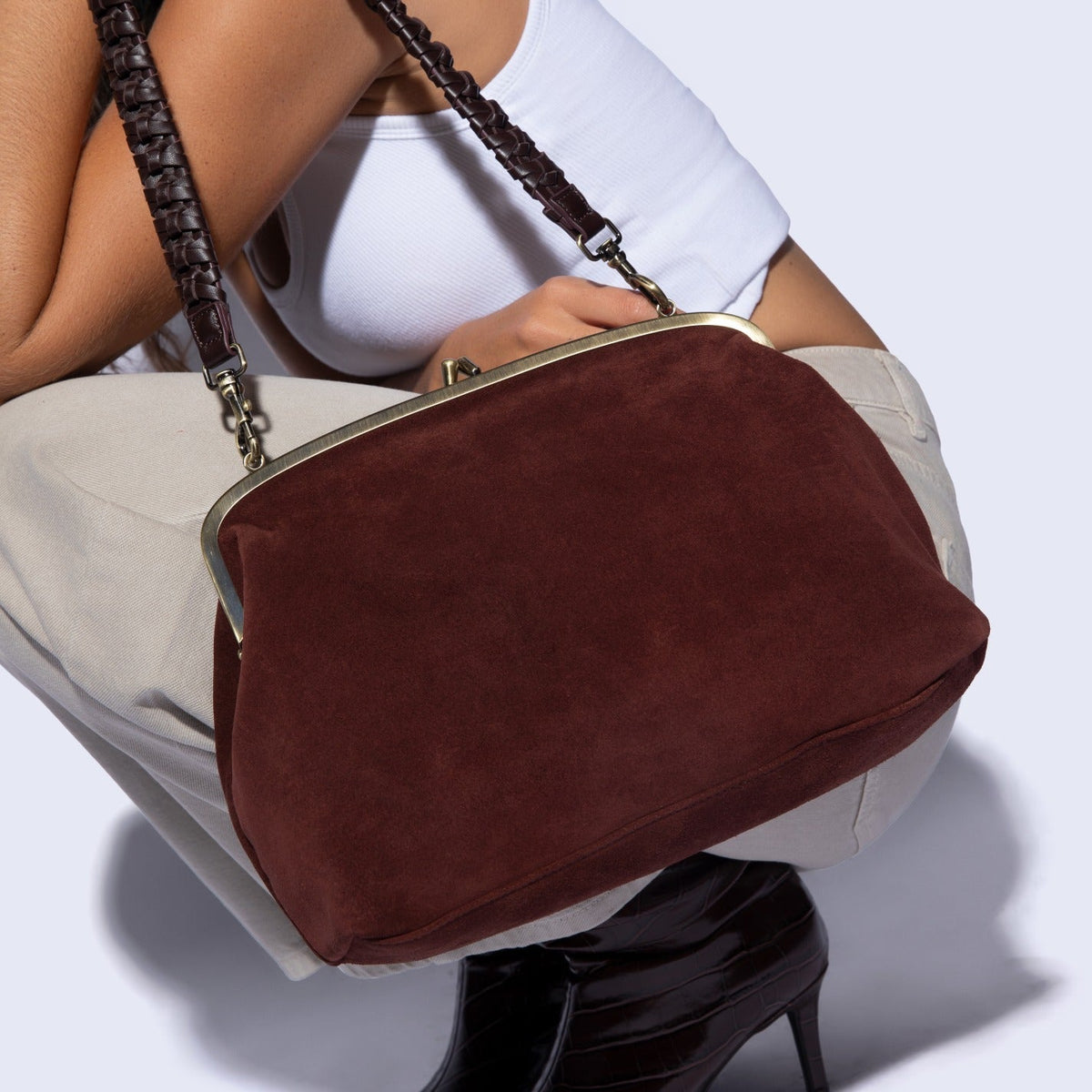 Alba Frame Large Shoulder in Suede Leather - Chocolate