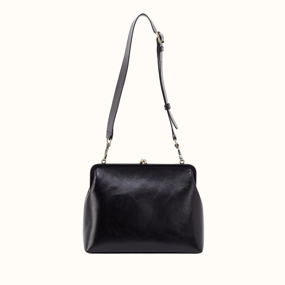 Alba Frame Large Shoulder Bag in Polished Leather - Black