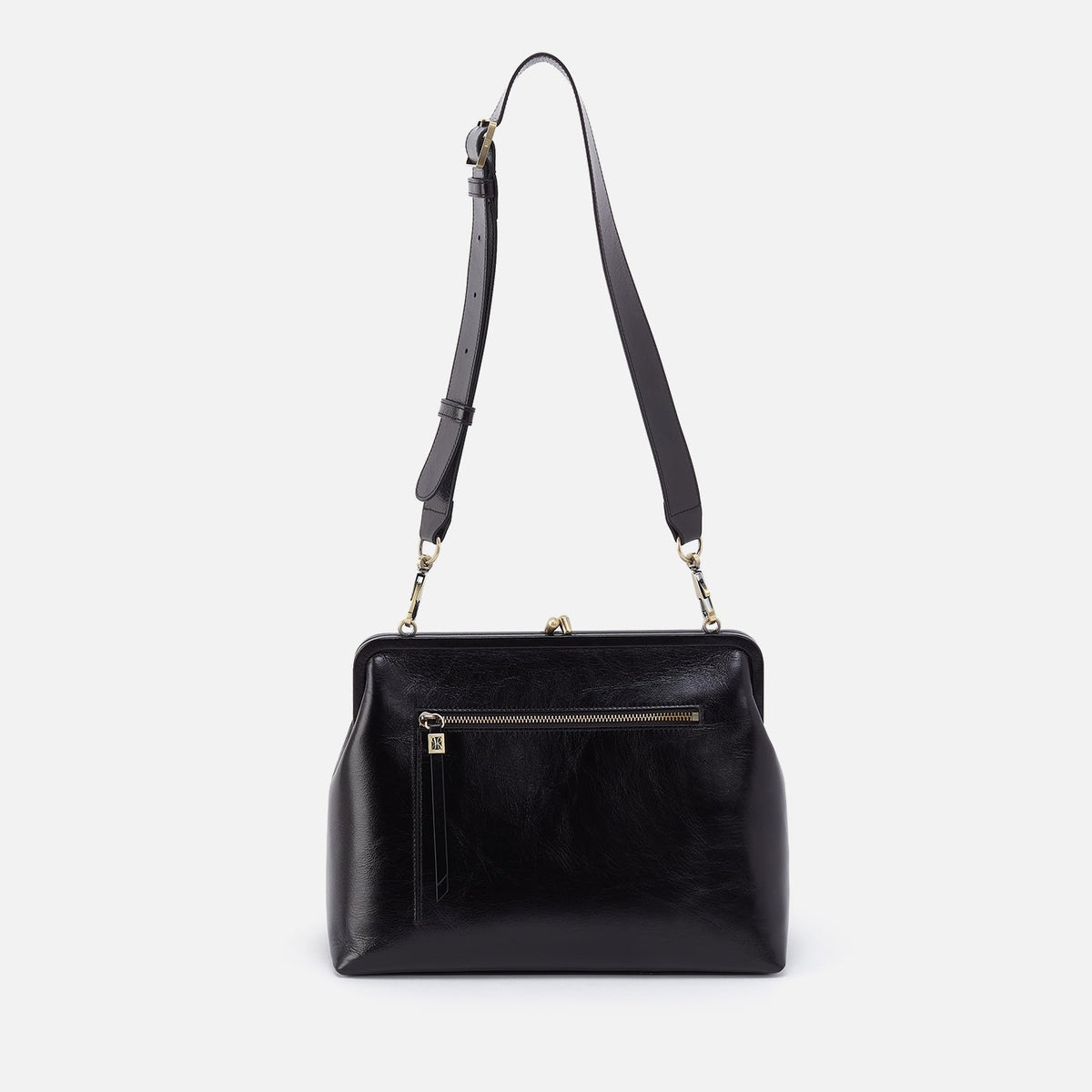 Alba Frame Large Shoulder Bag in Polished Leather - Black