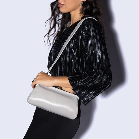 Alba Frame Small Shoulder Bag in Polished Leather - Light Grey